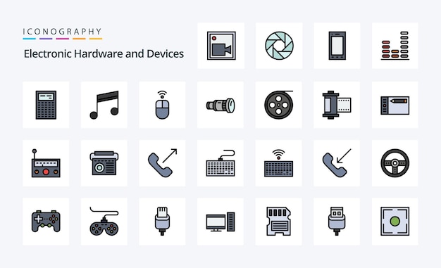 Paquete de iconos de estilo de línea llena de 25 dispositivos Ilustración de iconografía vectorial