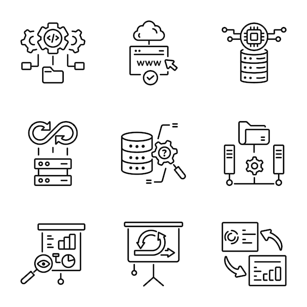 Paquete de íconos de estilo lineal de datos en la nube