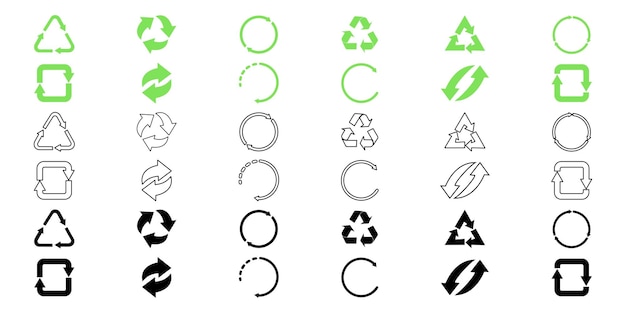 Paquete de iconos de flecha de rotación y reciclaje verde. Elementos web de diseño plano para sitio web. Vector