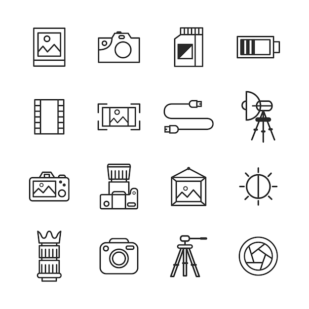 Paquete de iconos de fotografía, estilo de icono de contorno