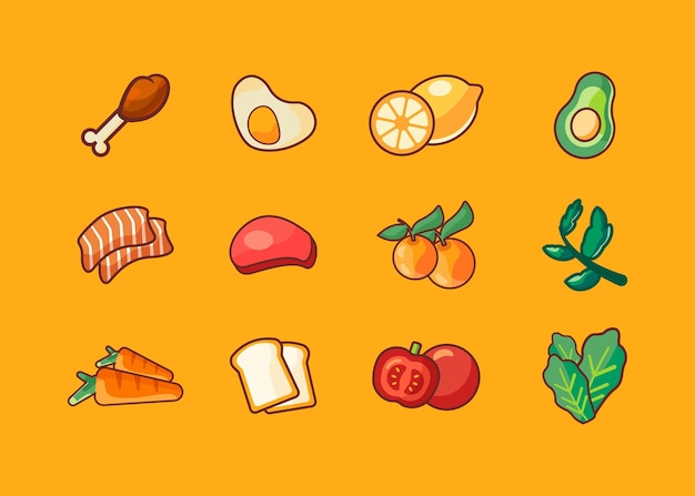 Paquete de iconos de frutas y verduras de alimentos saludables