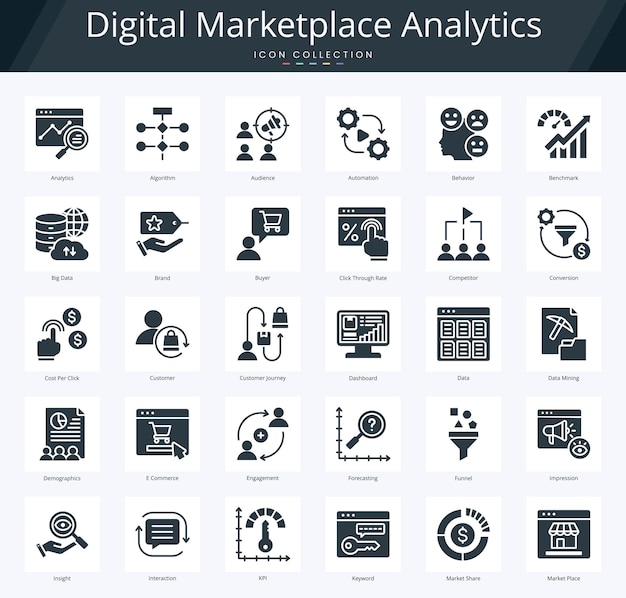 Paquete de iconos de glifos de análisis de mercado digital para análisis predictivo y gestión de bases de datos