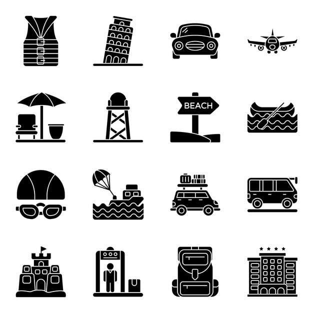 Paquete de iconos de glifos de viaje y viaje