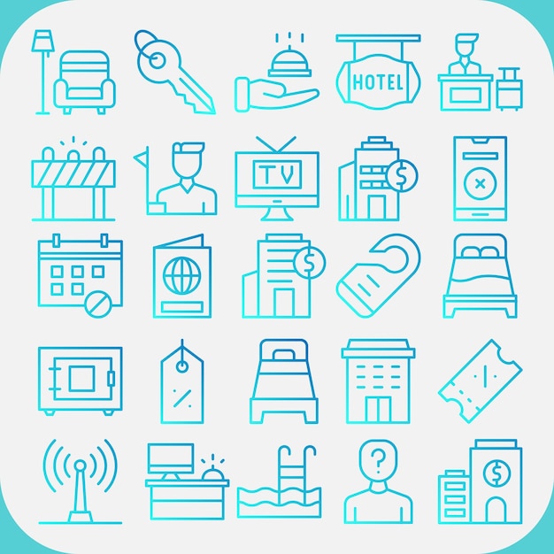 El paquete de iconos de gradiente de línea vectorial de gestión de hoteles se puede utilizar para hoteles