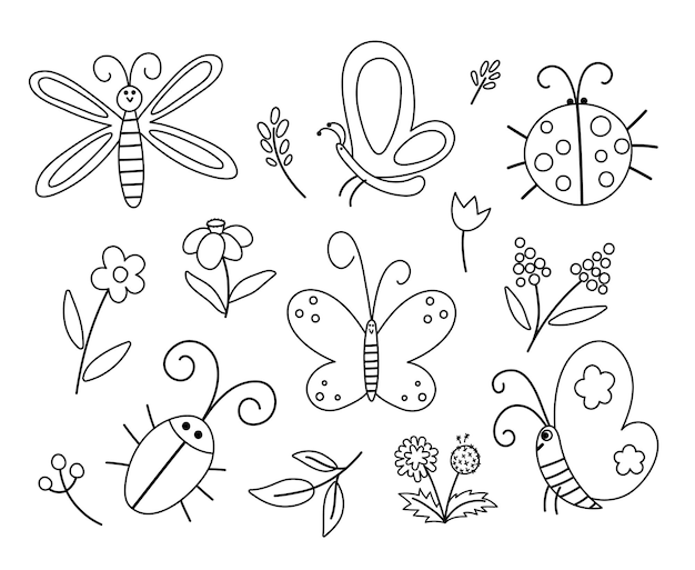 Paquete de iconos de insectos y primeras flores en blanco y negro vectorial Colección divertida de contornos de jardín de primavera Linda mariquita mariposa escarabajo diente de león ilustración para niños Insectos y plantas para colorear páginaxA