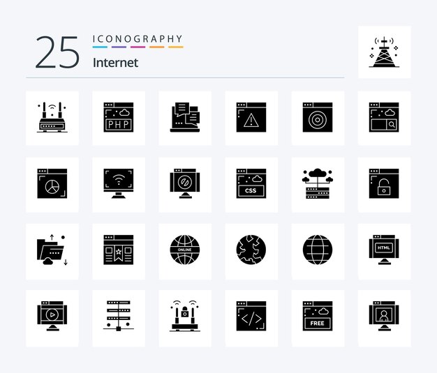 Paquete de íconos de Internet 25 Solid Glyph que incluye desarrollo de páginas web de Internet web Internet