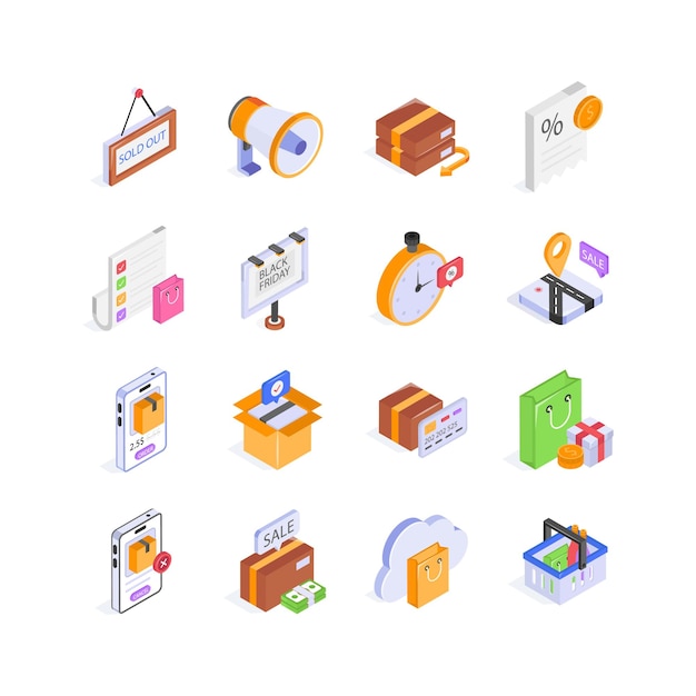 Paquete de iconos isométricos de compras y comercio electrónico en estilo moderno