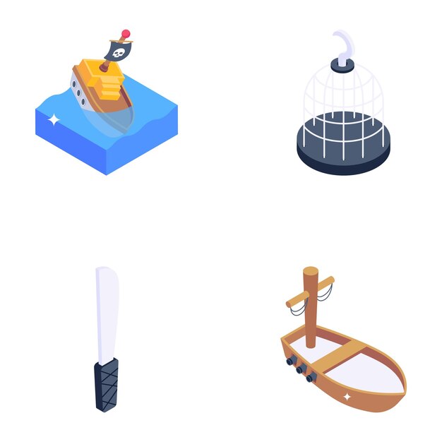 Paquete de iconos isométricos de crucero pirata