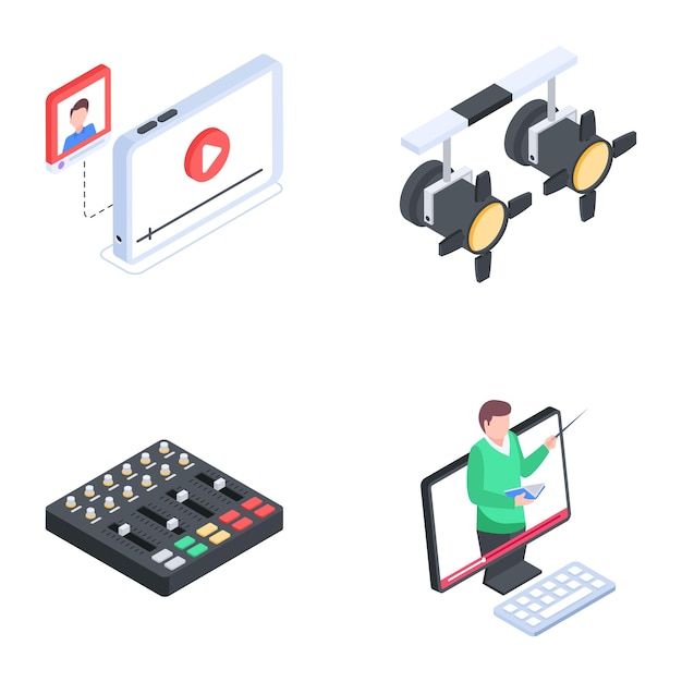 Paquete de íconos isométricos de transmisión de seminarios web