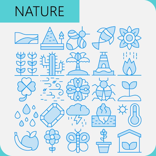 Paquete de iconos de línea azul de la naturaleza para usos de logotipos