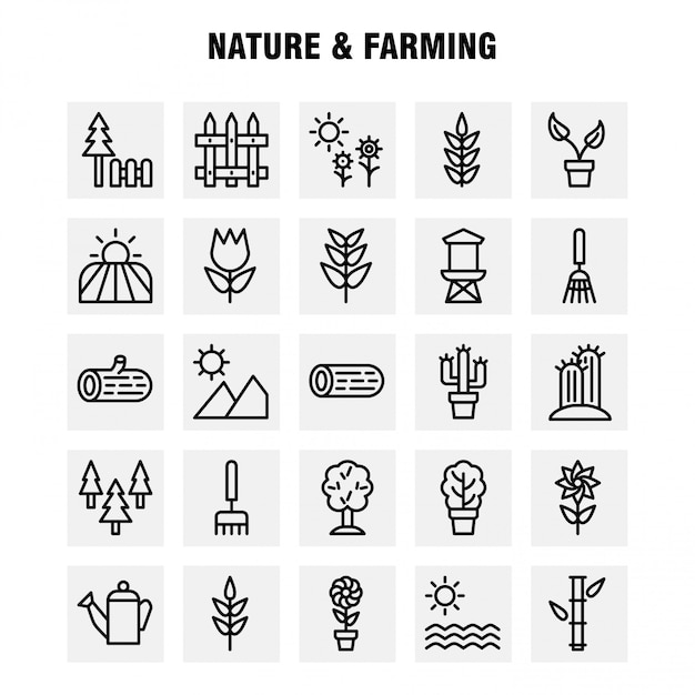 Paquete de iconos de línea de naturaleza y agricultura