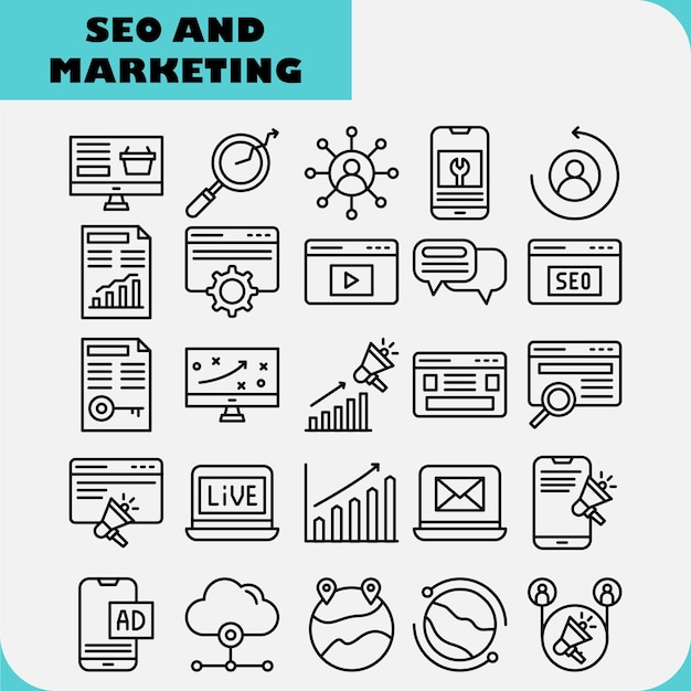 El paquete de iconos de línea negra del vector de SEO y marketing se puede utilizar para el marketing