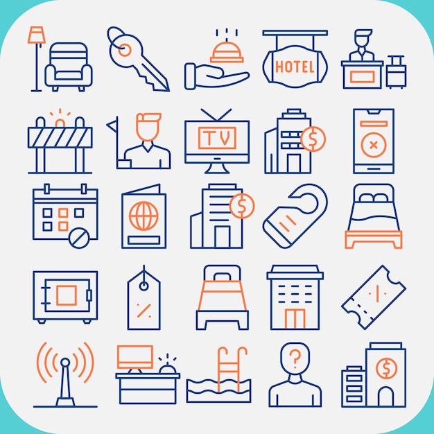 El paquete de iconos de la línea roja del vector de gestión de hoteles se puede utilizar para hoteles
