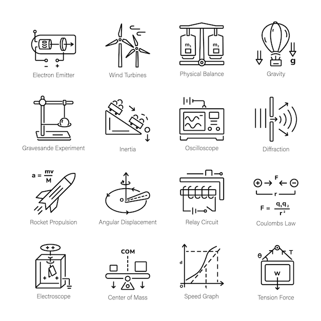 Vector paquete de íconos lineales de educación en física y ciencias