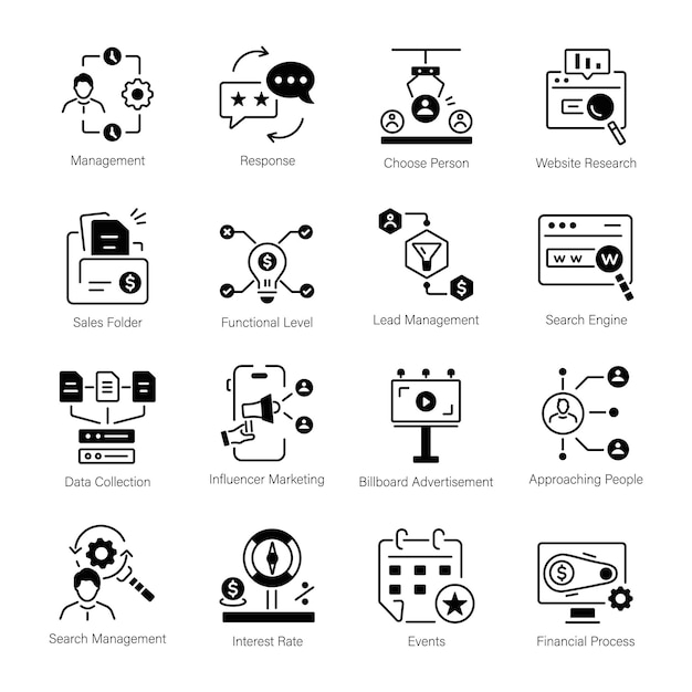 Paquete de iconos lineales de generación de clientes potenciales y enfoque de marketing