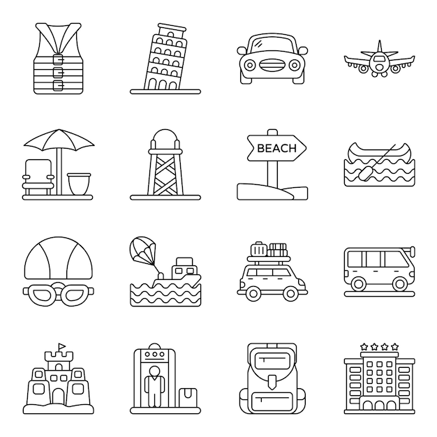 Paquete de iconos de líneas de viaje y viaje