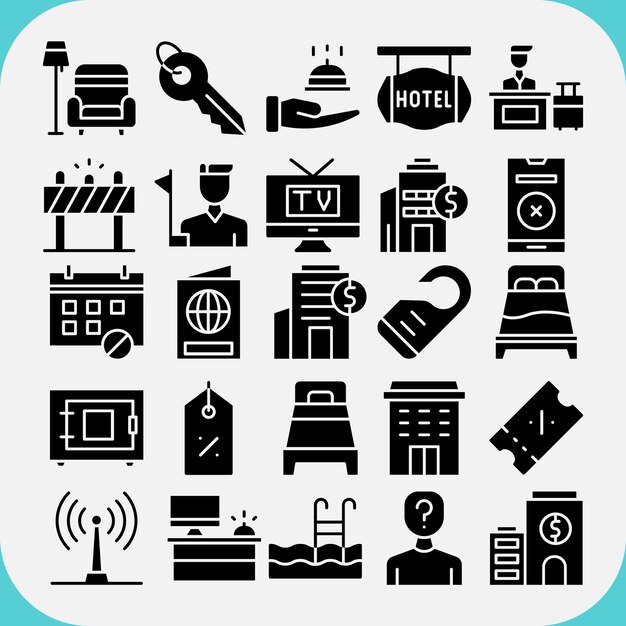 El paquete de iconos lleno de vectores de gestión de hoteles se puede utilizar para hoteles
