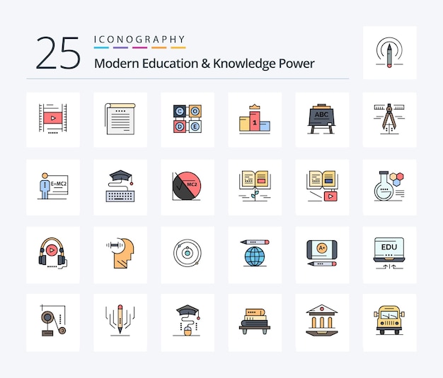 Paquete de iconos llenos de 25 líneas de poder de educación y conocimiento moderno que incluye el pedestal del primer lugar del código de educación del maestro