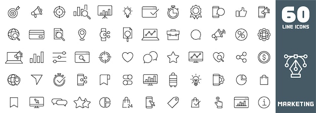 Paquete de iconos de marketing Iconos de negocios Iconos de trabajo en papel Línea delgada