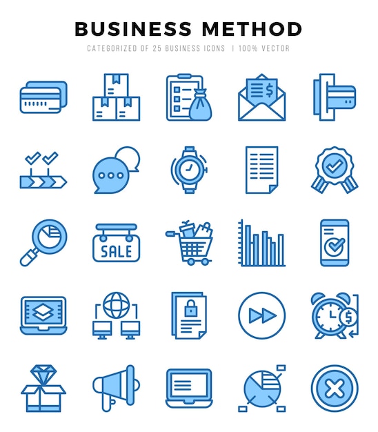 El paquete de íconos del método de negocio tiene dos iconos de colores y una colección de iconos de dos colores.
