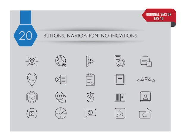 El paquete de iconos de navegación de botones y notificaciones se establece sobre un fondo blanco