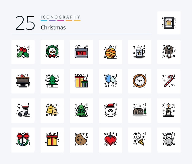 Paquete de iconos de Navidad de 25 líneas llenas que incluye bebida celebración de calendario de navidad navidad