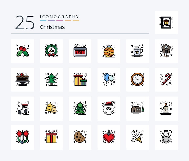 Paquete de iconos de navidad de 25 líneas llenas que incluye bebida celebración de calendario de navidad navidad