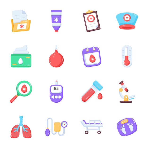 Paquete de iconos planos de accesorios médicos