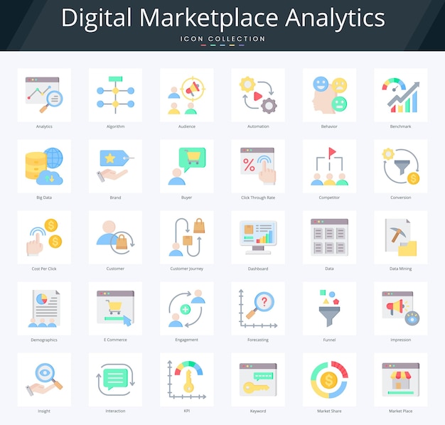 Paquete de iconos planos de análisis de mercado digital para análisis predictivo y gestión de bases de datos
