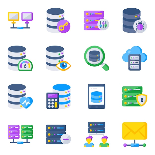 Paquete de iconos planos de bases de datos