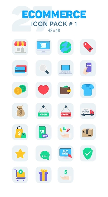 El paquete de iconos planos de comercio electrónico 1 juego de iconos vectoriales de comercio electrónico de colores