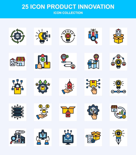 El paquete de iconos planos lineales de innovación de productos