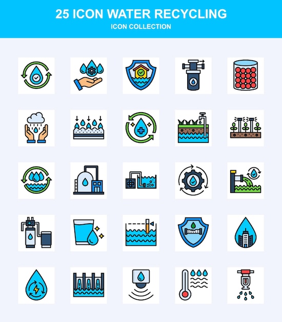 El paquete de iconos planos lineales de reciclaje de agua