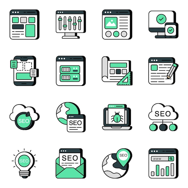 Paquete de iconos planos de optimización de motores de búsqueda