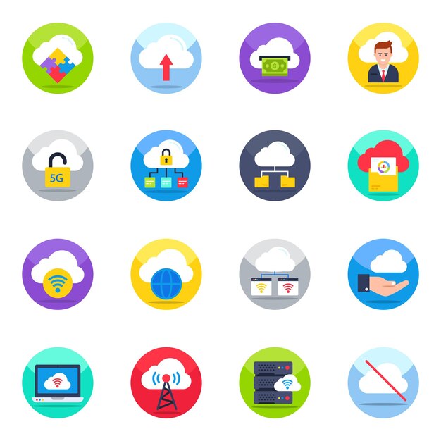 Paquete de iconos planos de servicios en la nube