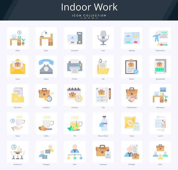 Paquete de iconos planos de trabajo en interiores para equipos de oficinas y espacios de trabajo comerciales