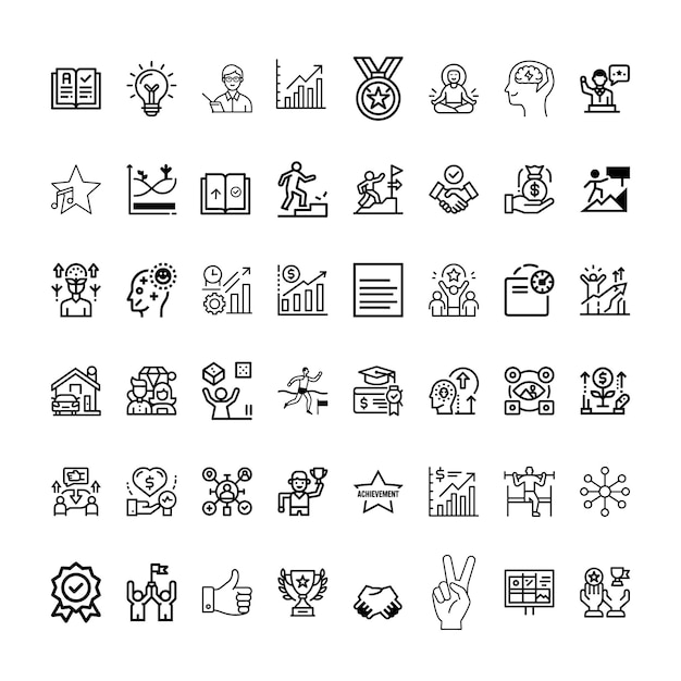 Un paquete de iconos relacionados con el éxito con varios símbolos y elementos en un estilo de garabateo