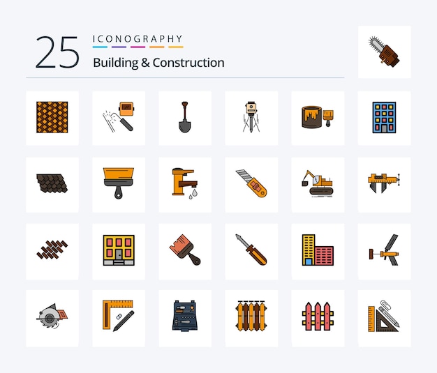 Vector paquete de iconos rellenos de 25 líneas de construcción y construcción que incluye showel de máquina herramienta de reparación láser