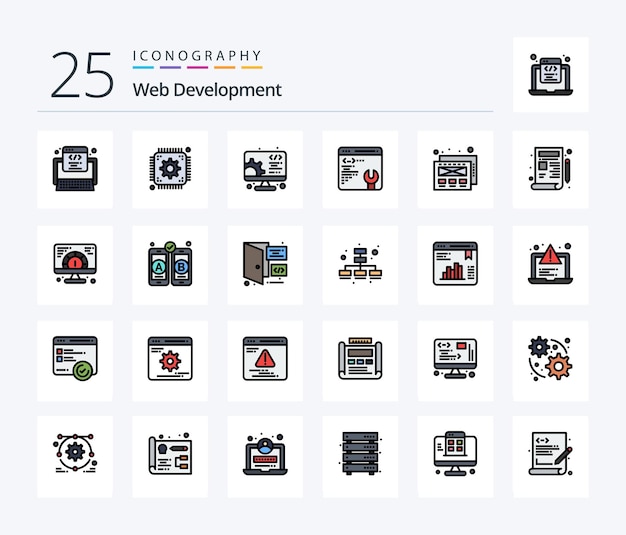 Paquete de iconos rellenos de 25 líneas de desarrollo web que incluye desarrollo de configuración de desarrollo de diseño de maqueta de plano