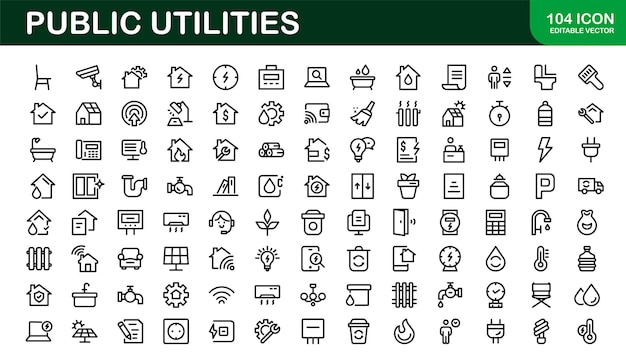 Paquete de iconos de servicios públicos Iconos de líneas limpias editables para el suministro de energía, agua y gestión de residuos