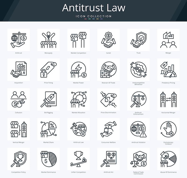 Paquete de iconos sobre la ley antitrust para la competencia en el mercado y la regulación de los monopolios