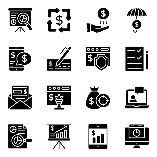 Paquete de iconos sólidos de infografía financiera