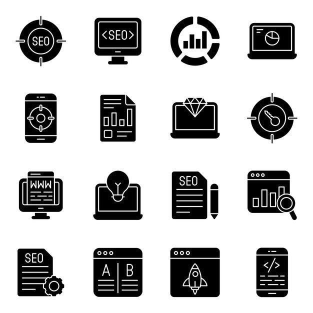 Paquete de iconos sólidos de optimización de motores de búsqueda