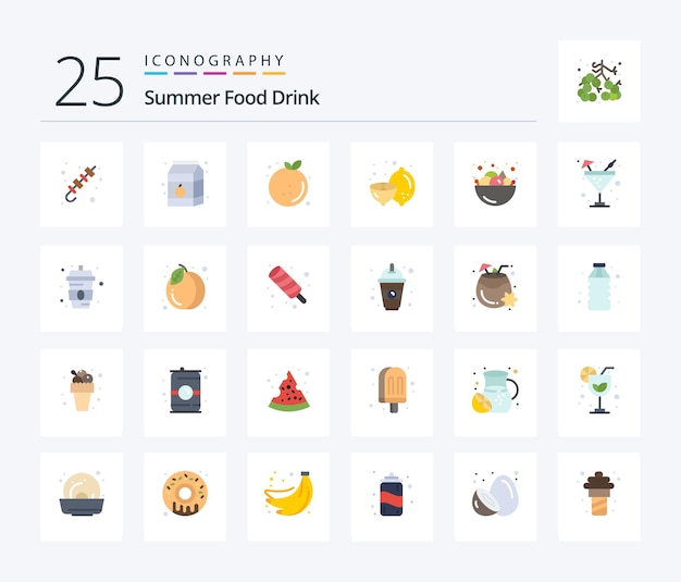 Paquete de iconos Summer Food Drink 25 Flat Color que incluye fruta, comida, leche, limón, fruta