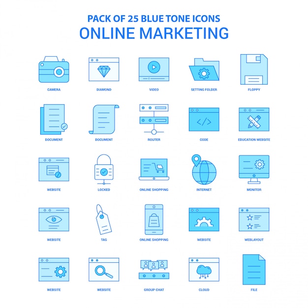 Paquete de iconos de tono azul de marketing en línea