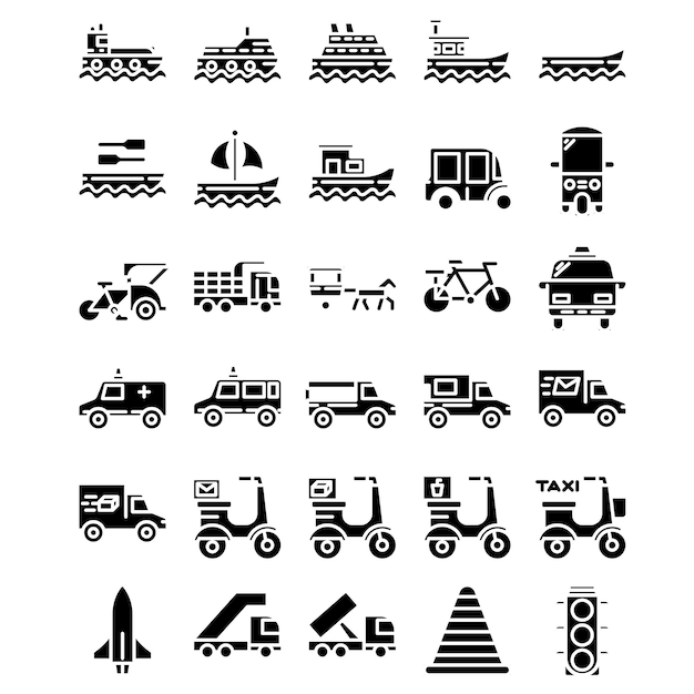 El paquete de iconos de transporte en estilo glifo