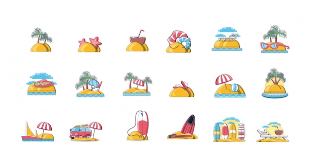 Paquete de iconos de vacaciones de verano en la playa