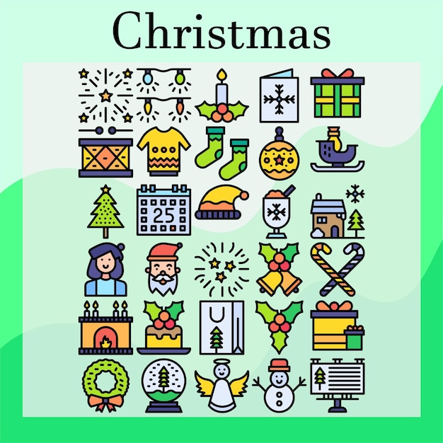 paquete de iconos de vector de color de línea de navidad