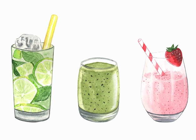 Paquete de ilustración de batido de imágenes prediseñadas de cócteles de acuarela