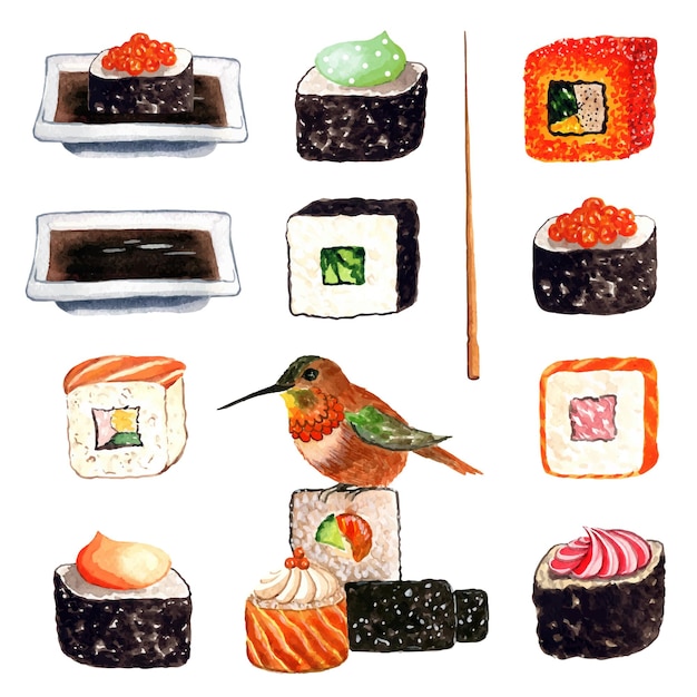 Vector paquete de ilustración de comida oriental de imágenes prediseñadas de sushi y rollos de acuarela